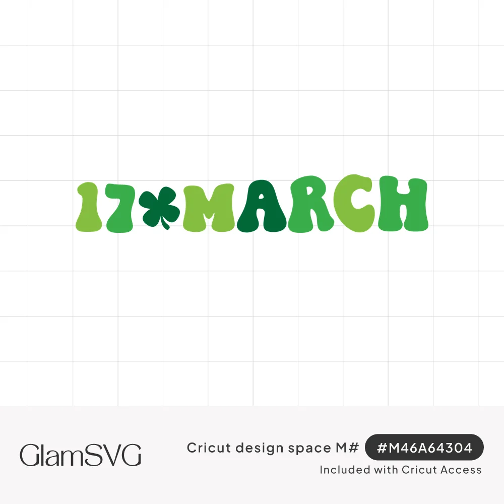 Bold rounded green retro letters reading 17 March with a dark green four-leaf clover between the numbers and word