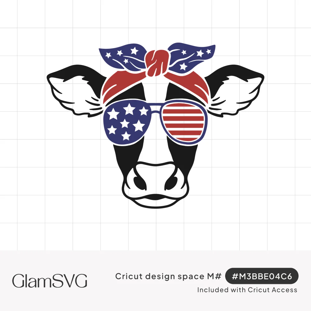 Black and white cow head wearing a red and blue star bandana and American flag aviator sunglasses