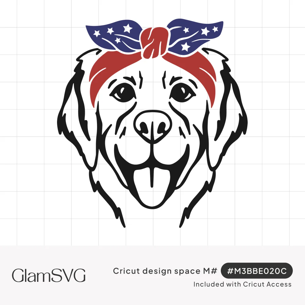 Black line drawing of a smiling dog face with tongue out, wearing a red and blue star-print bandana tied on top