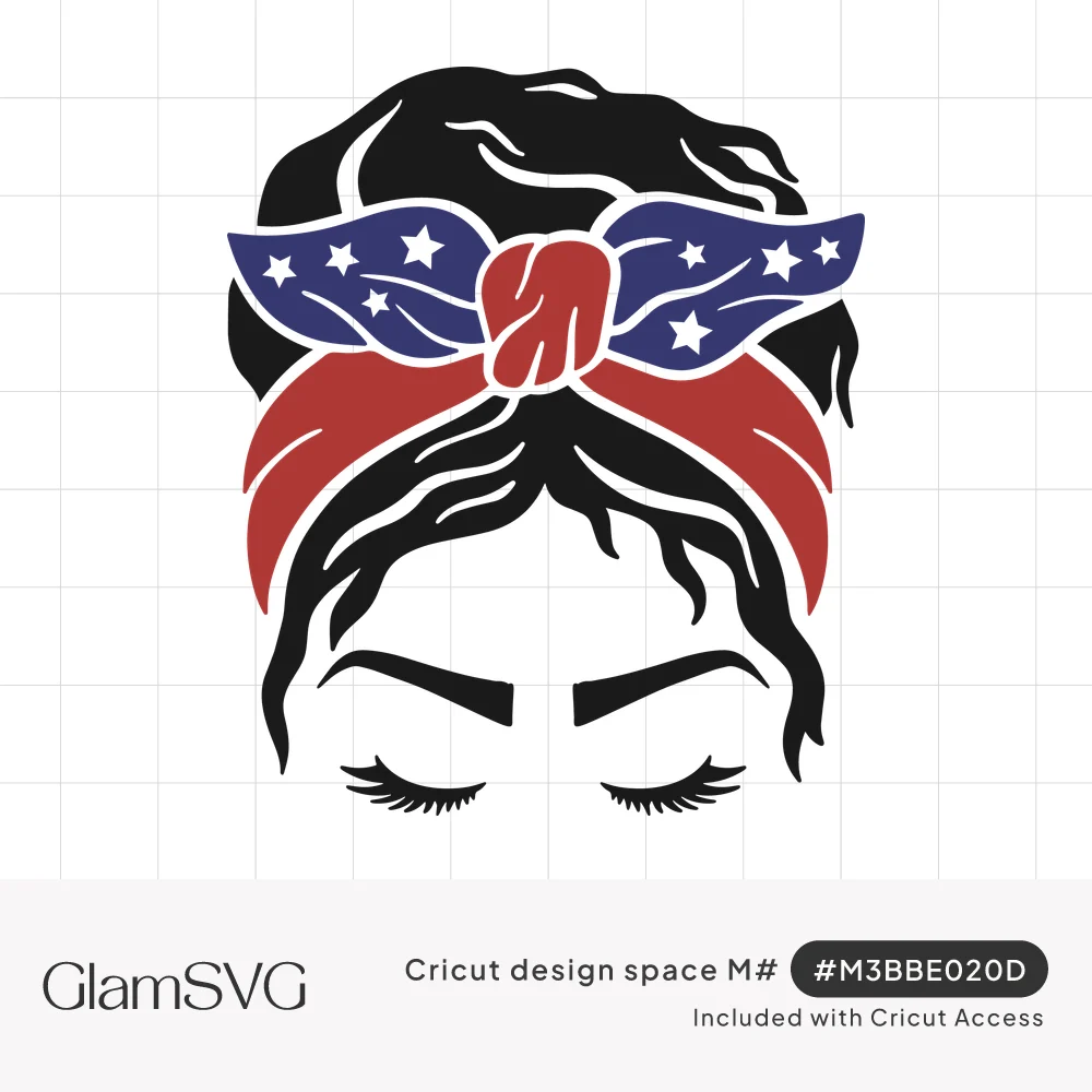 Messy bun hair silhouette with a red and blue star-print bandana, bold eyebrows and closed eyelashes