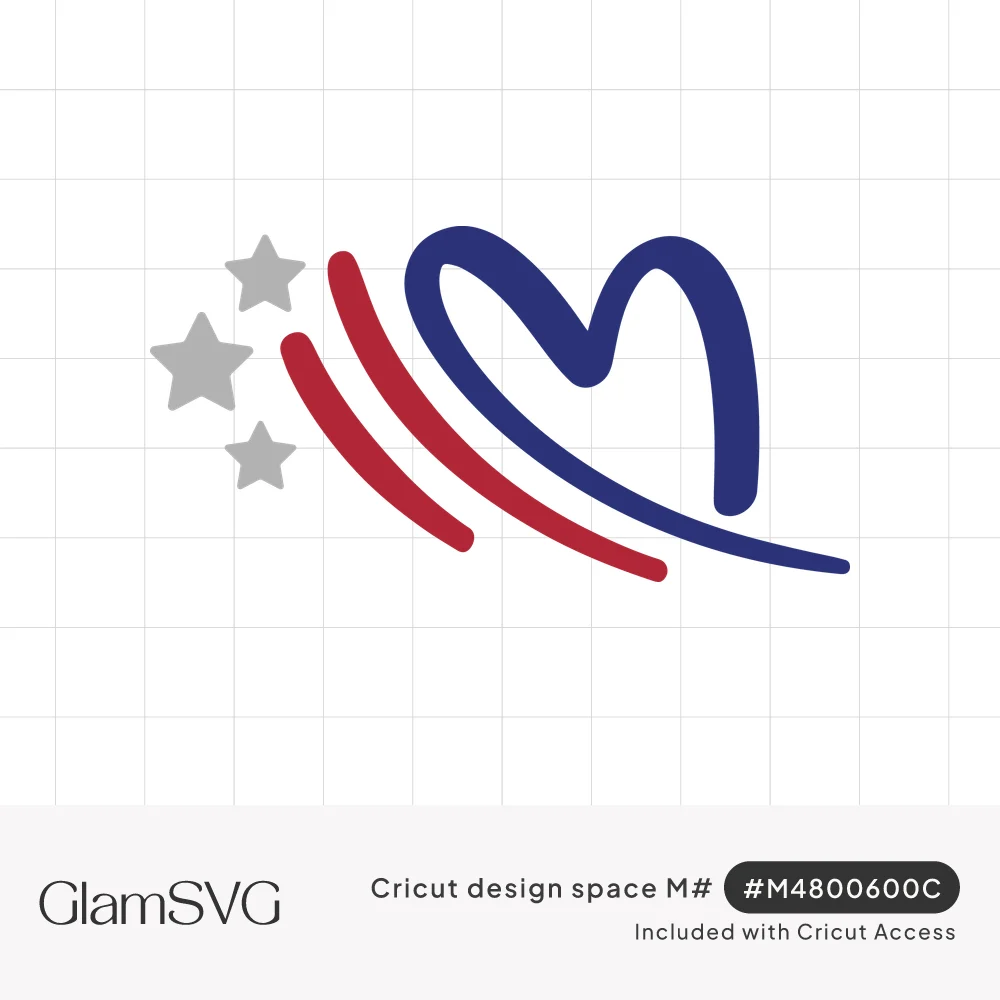 Navy blue swooping heart with two red curved stripes and three gray stars in a patriotic flag-inspired design