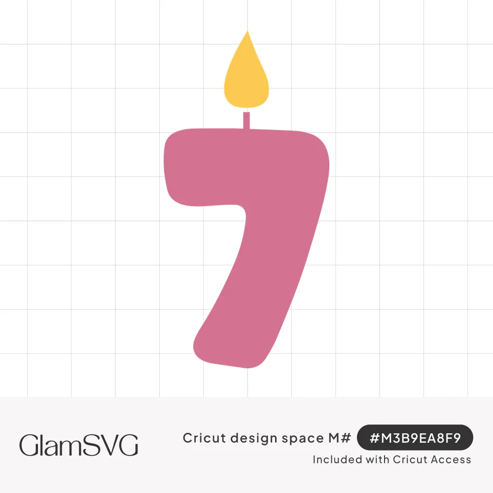 Pink number seven shaped like a birthday candle with a small wick and yellow flame on top