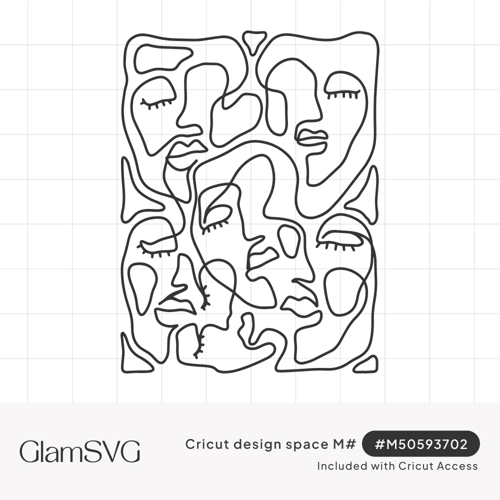 Black continuous line drawing of five abstract faces with closed eyes and lips, interlocking in a rectangular shape