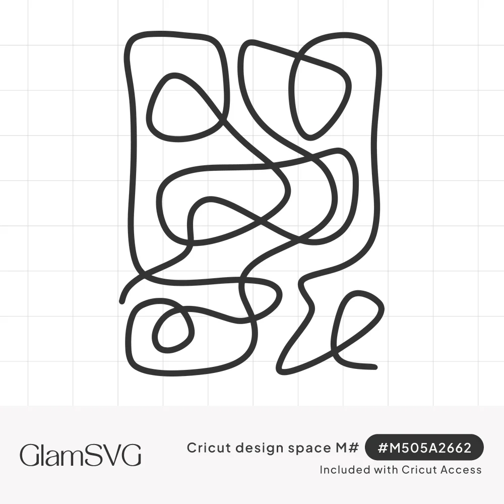 Black continuous line drawing of abstract loops and squiggles forming a tall rectangular shape