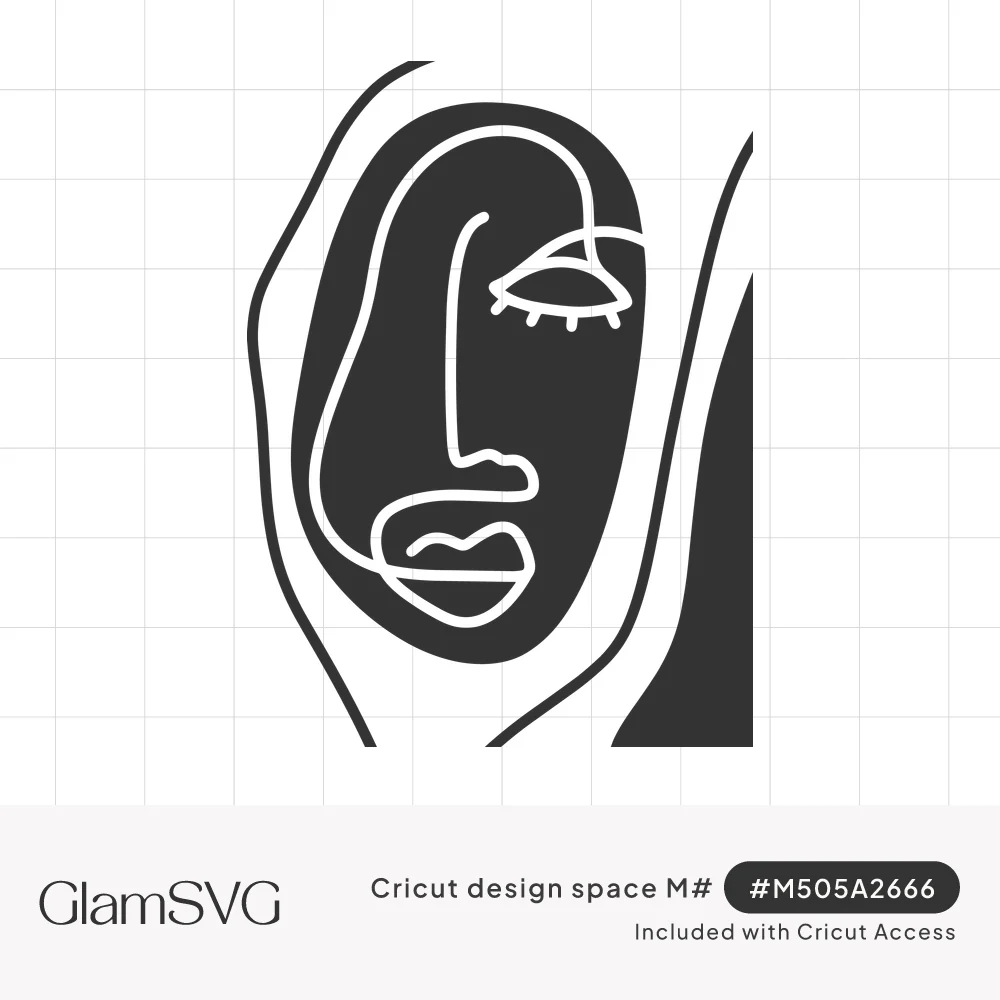 Abstract one-line drawing of a woman's face with a closed eye, long nose and full lips in white on a dark oval shape