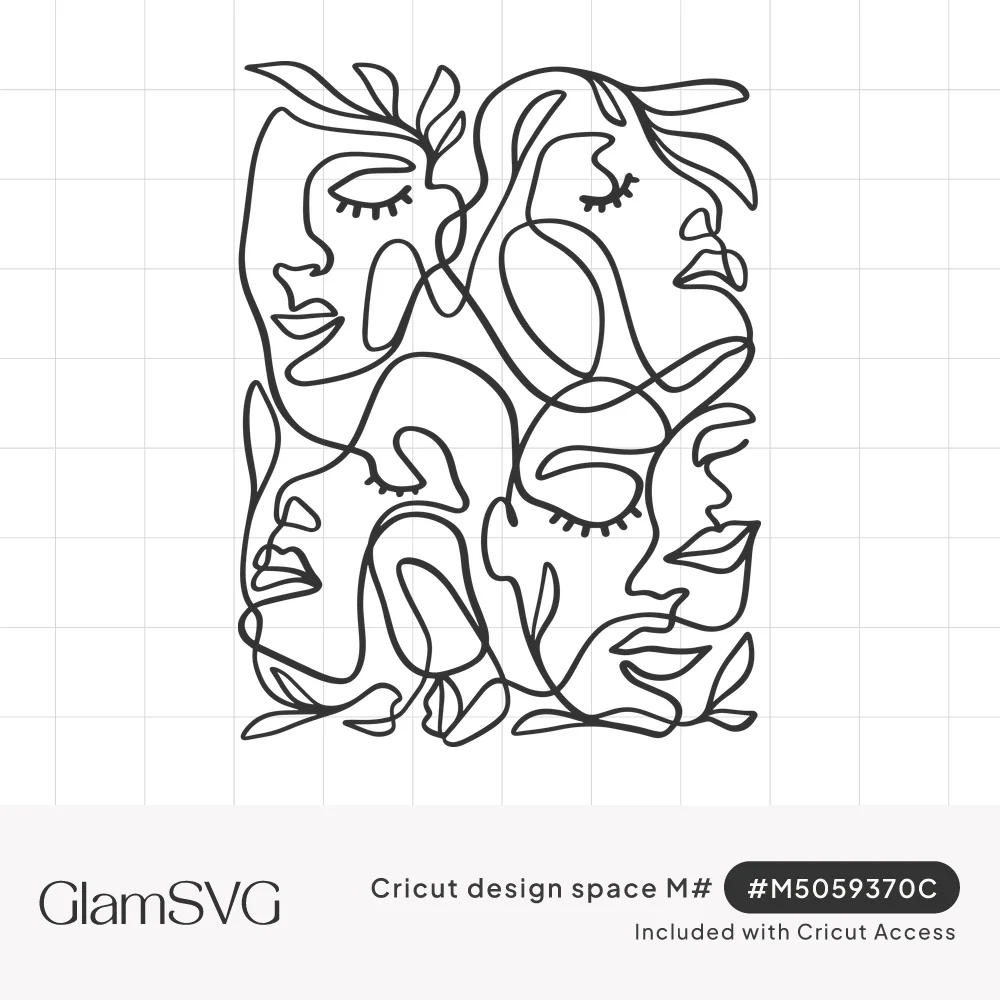 Continuous line drawing of four overlapping women's faces with closed eyes and small leaves in a rectangle