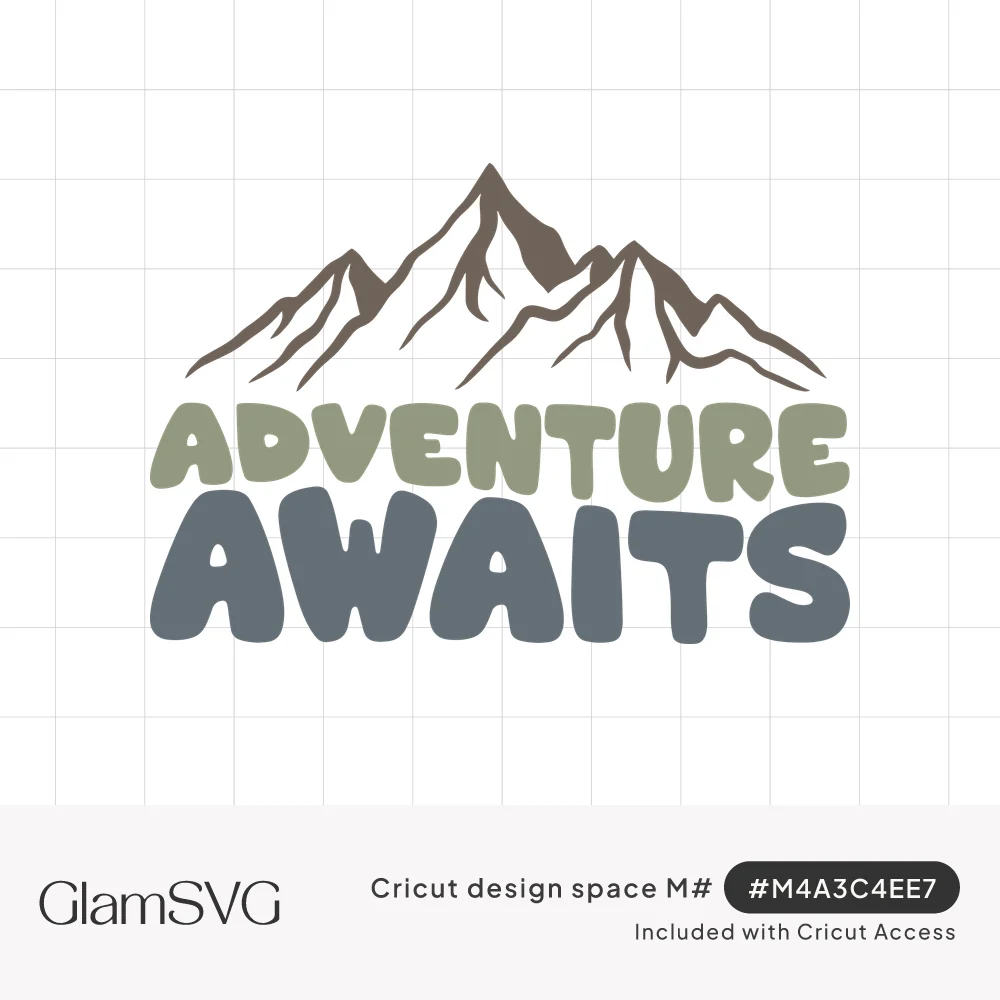 Adventure Awaits in rounded sage green and slate blue letters beneath a brown sketched mountain range