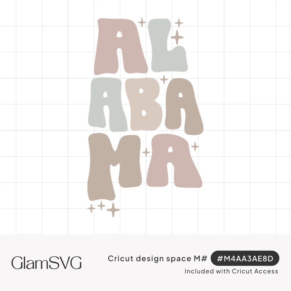 Alabama in stacked groovy bubble letters in muted pink, sage, cream and taupe with small sparkle accents