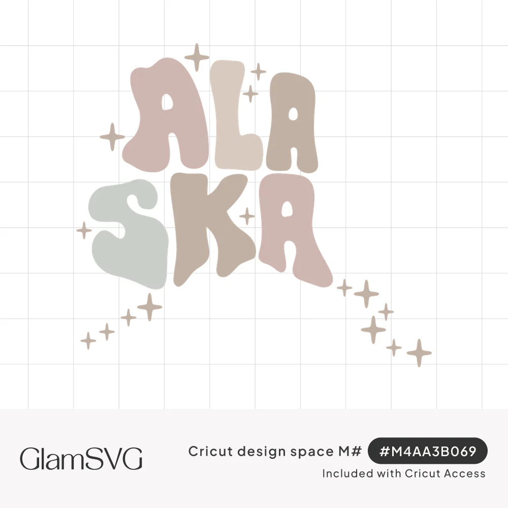 Groovy bubble letters spelling ALASKA in blush, cream, sage and taupe, shaped like the state with sparkles