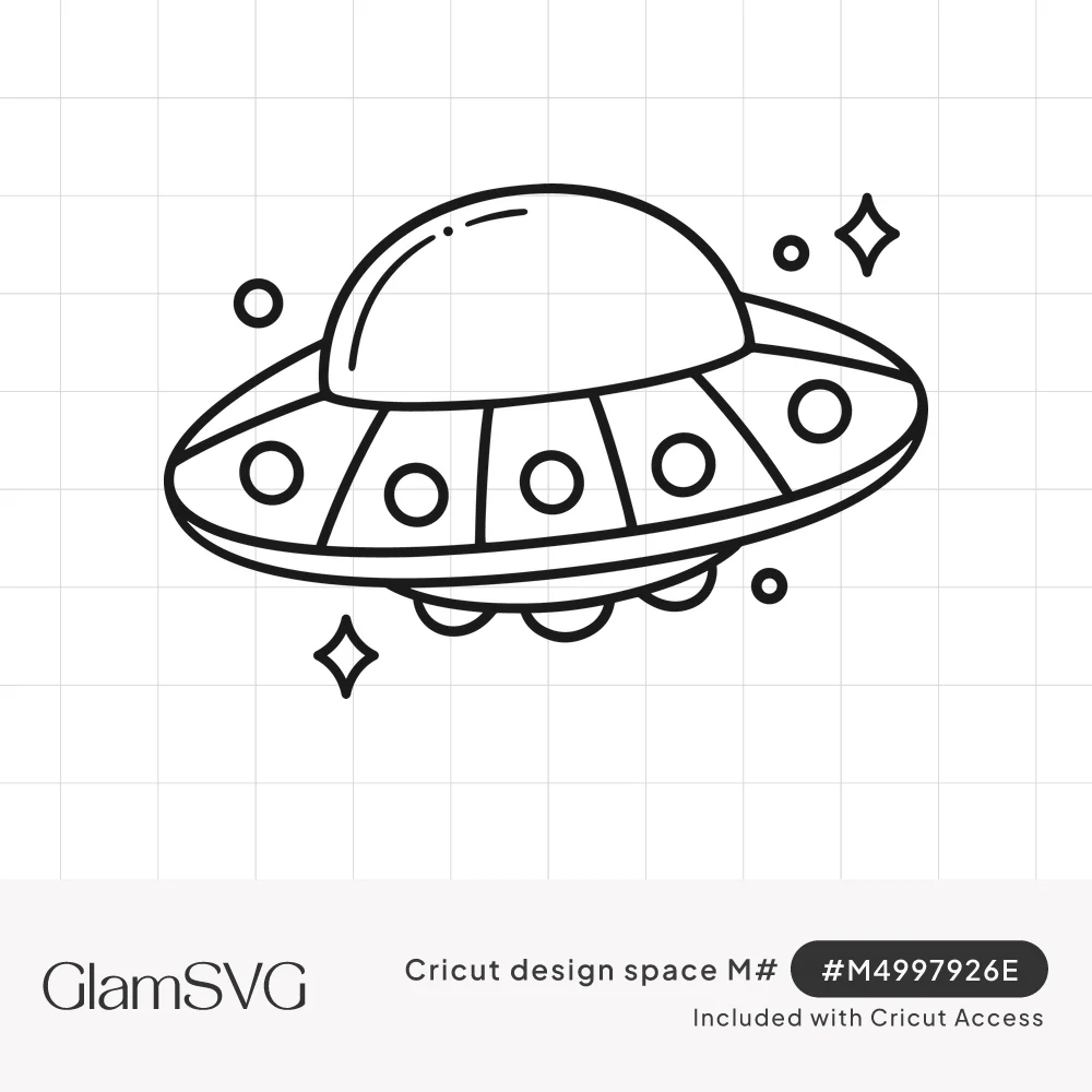 Black line drawing of a flying saucer UFO with a domed top and round windows, surrounded by sparkles and small circles