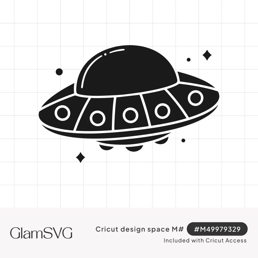 Black silhouette of a UFO flying saucer with a glossy dome, round portholes and small sparkling stars around it