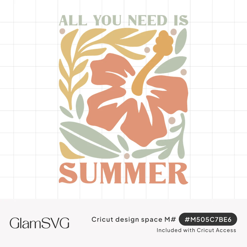 Coral hibiscus flower with sage and mustard tropical leaves between the words All You Need Is Summer
