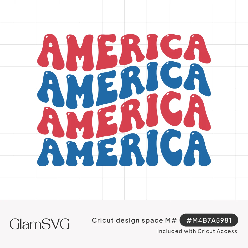 The word AMERICA repeated in four stacked rows of wavy retro bubble letters, alternating red and blue