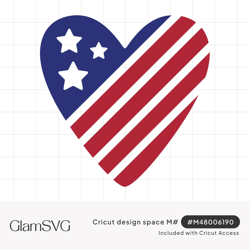 Heart-shaped American flag with a navy corner, three white stars, and diagonal red and white stripes