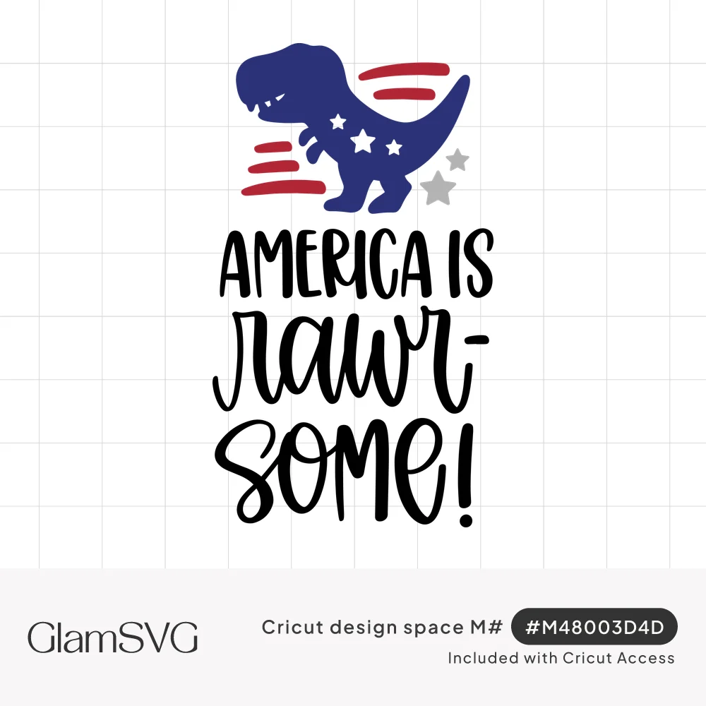 Navy T-rex with white stars and red stripes above hand-lettered text reading America is rawr-some