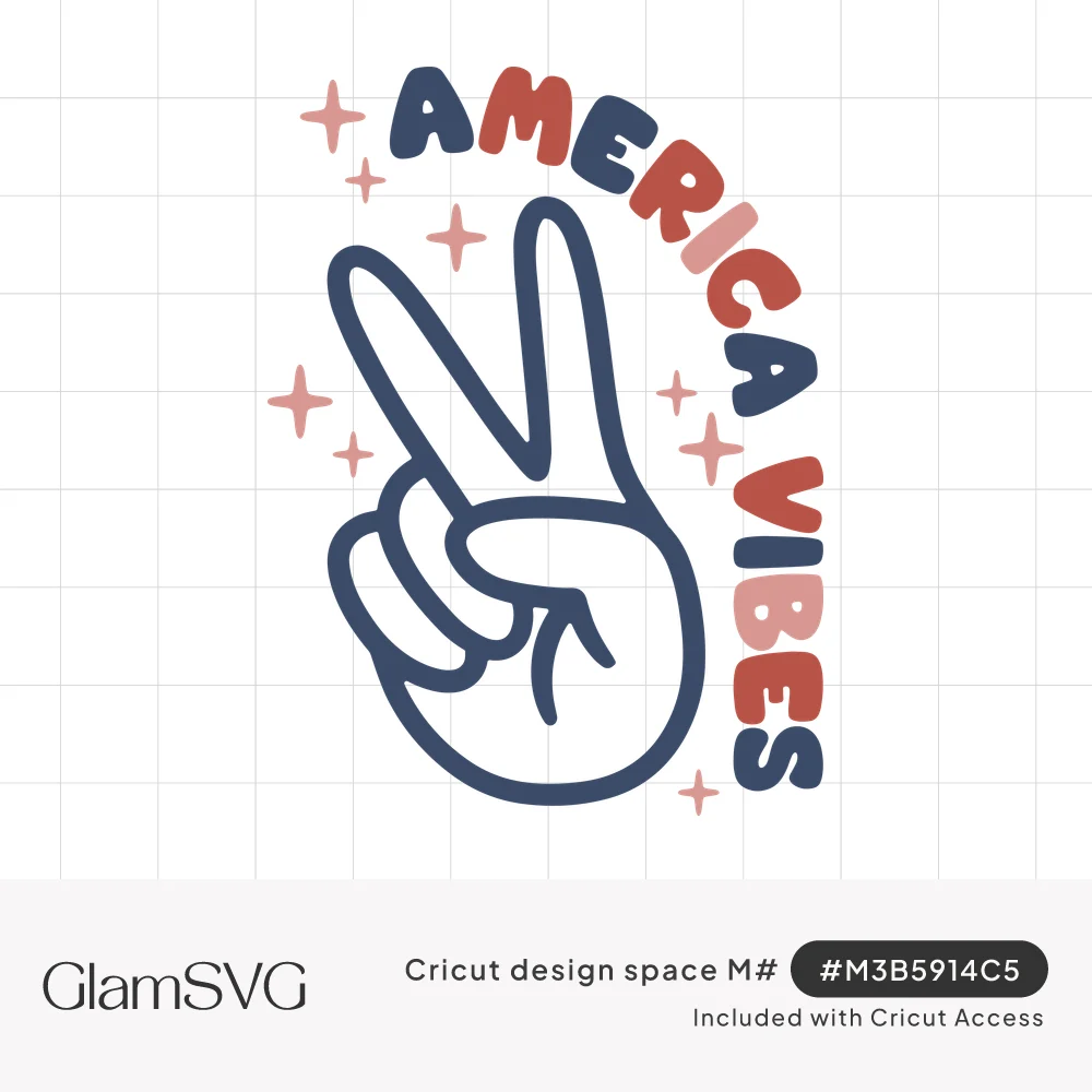 Outlined navy peace sign hand with pink sparkles under arched retro lettering reading America Vibes in red, pink and navy