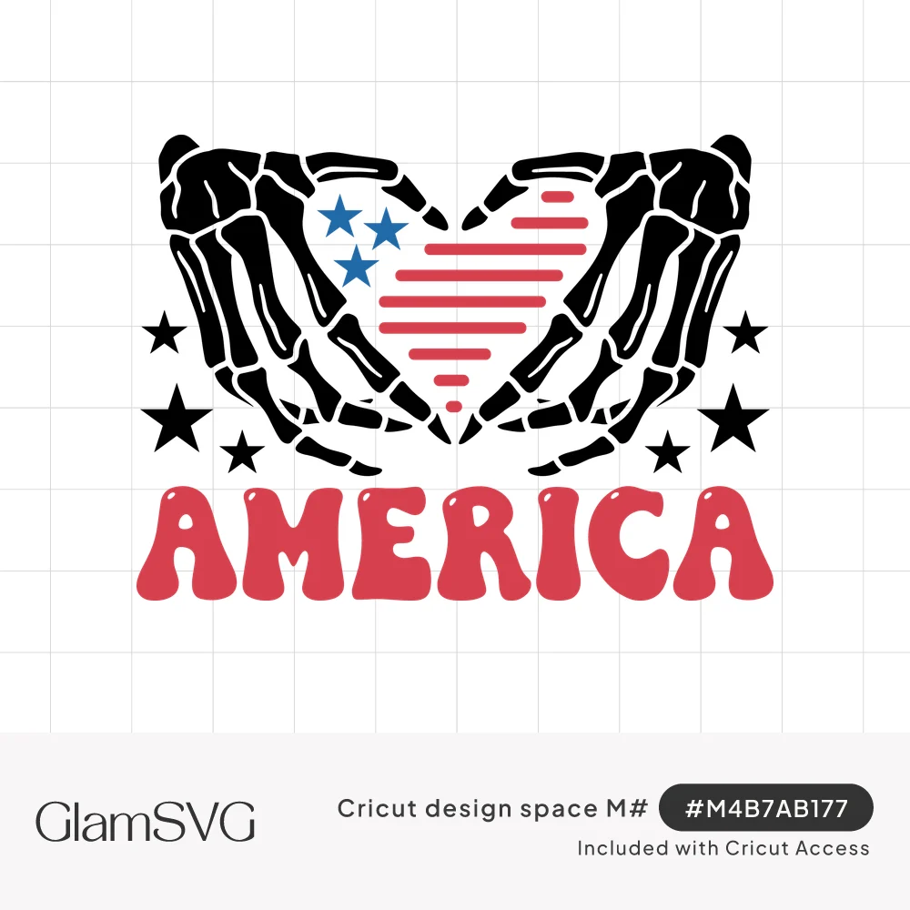 Black skeleton hands forming a heart with red stripes and blue stars, black stars around, red retro AMERICA text below