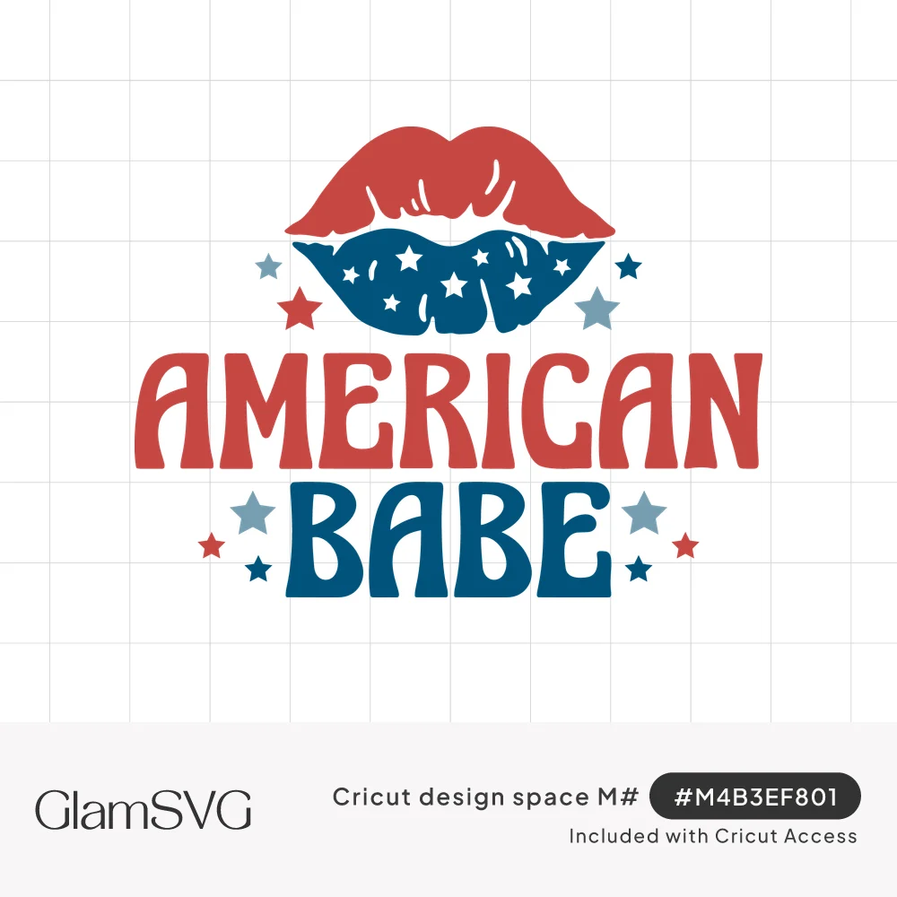 Red and blue lips with white stars above retro lettering reading American Babe, surrounded by small red and blue stars