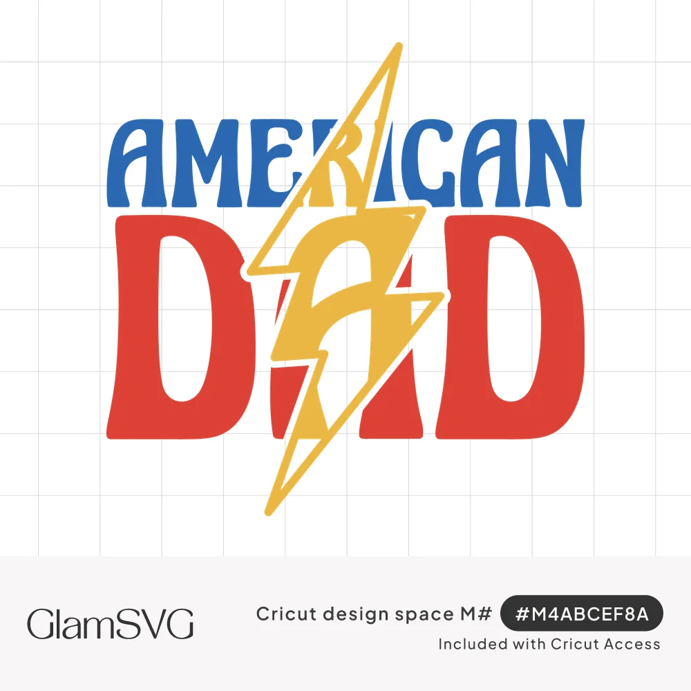 Blue retro AMERICAN lettering above bold red DAD with a yellow lightning bolt cutting through the letters