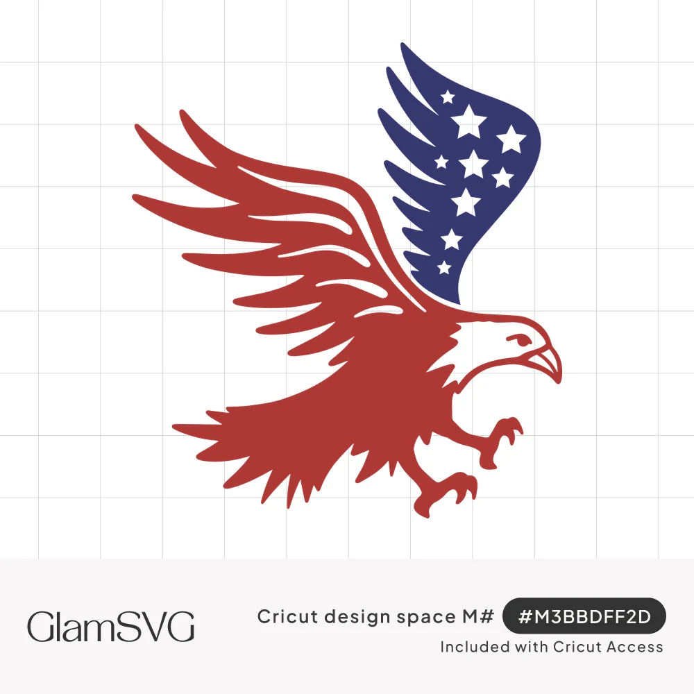 Red bald eagle in flight with talons out, one wing navy blue with white stars like an American flag