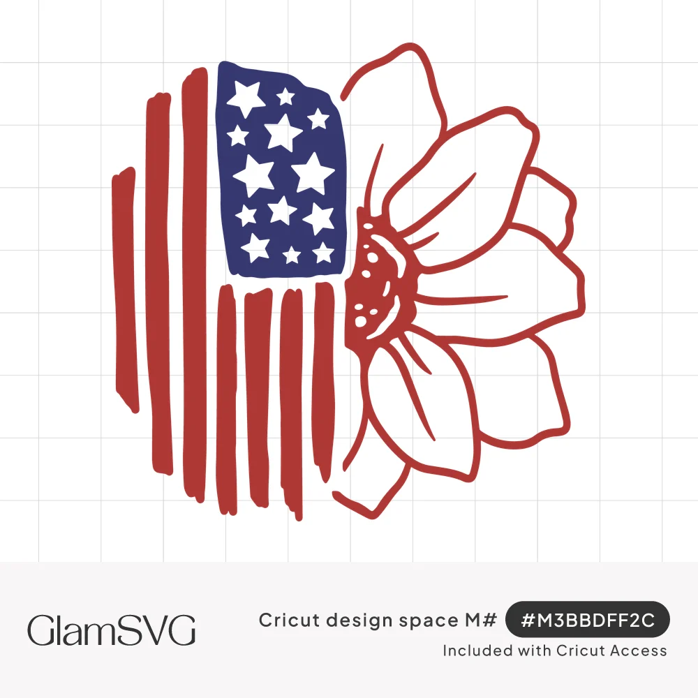 Circular design with a red striped American flag and blue star field on the left and a red outline sunflower on the right