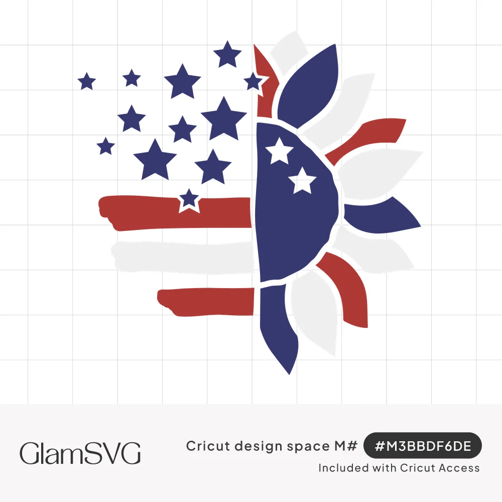Half sunflower in red, white and navy petals blending into distressed American flag stripes and scattered blue stars