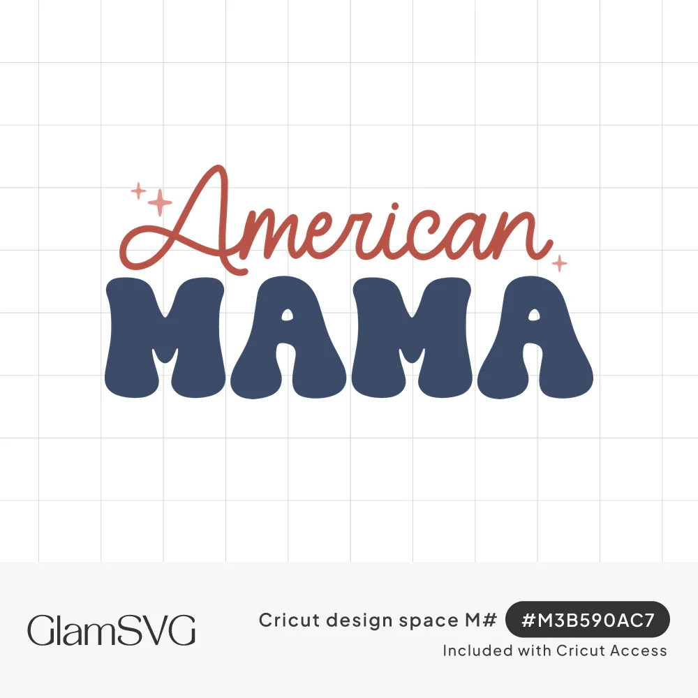 Red script word American with small sparkles above wavy navy retro block letters spelling MAMA