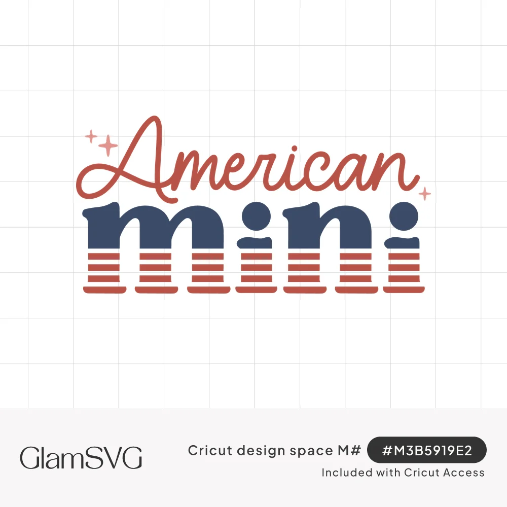 Red script word American with sparkles above bold navy mini lettering with red and white flag stripes