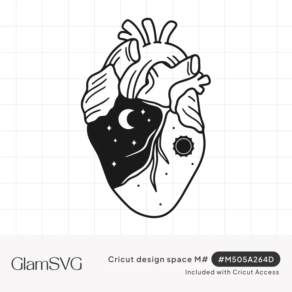 Black line art anatomical heart, half filled with a night sky, crescent moon and stars, half with a small sun