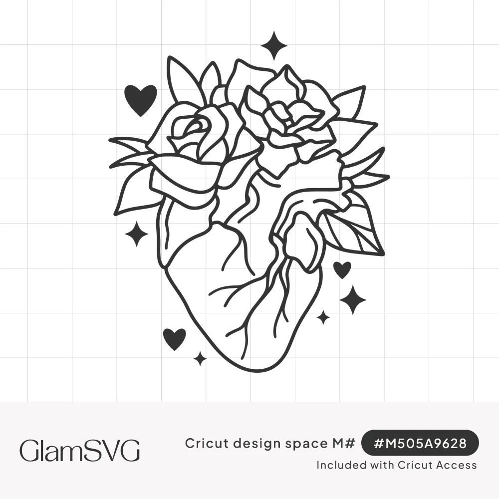 Black line drawing of an anatomical heart with roses and leaves growing from the top, surrounded by small hearts and sparkles