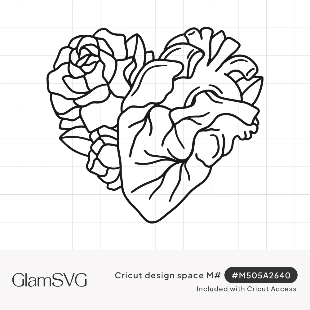Black outline drawing of an anatomical heart with roses and leaves forming an overall heart shape