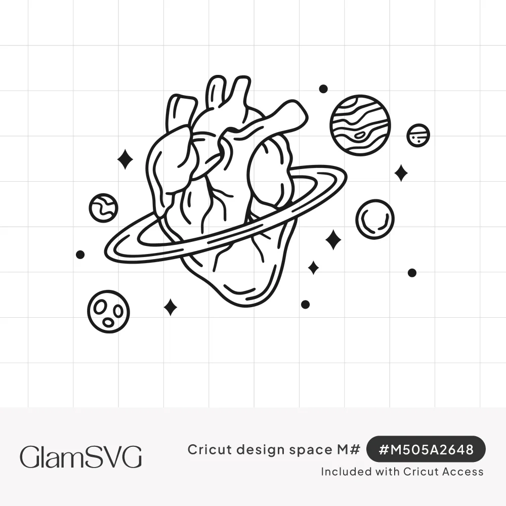 Black line drawing of an anatomical heart with a planet ring around it, surrounded by planets, moons, sparkles and dots