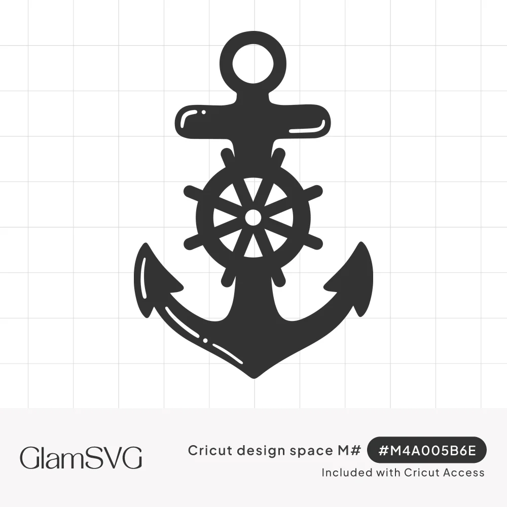 Black silhouette of a ship's anchor with a spoked ship's wheel at its center and small white highlight lines
