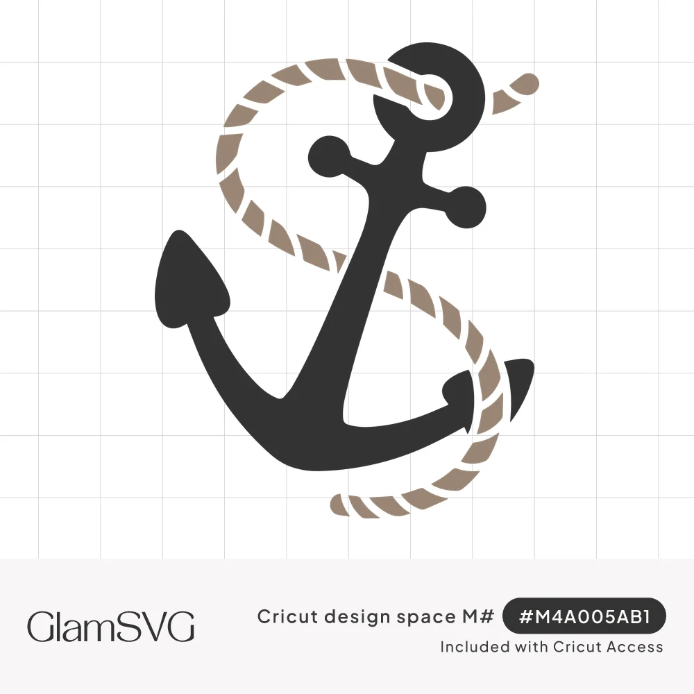 Dark charcoal ship anchor with a tan twisted rope looping through its ring and curving around the shank