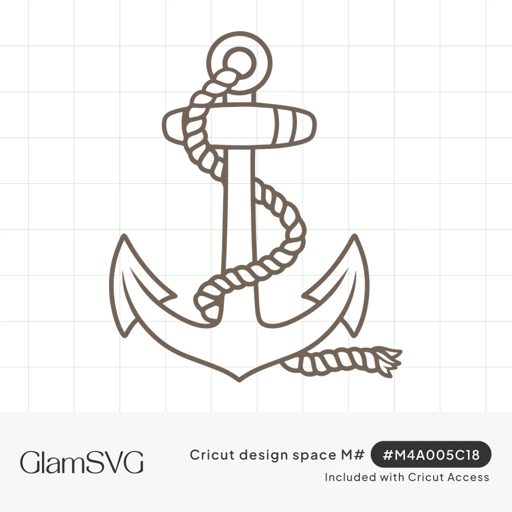 Outline drawing of a ship anchor with a twisted rope looped through the ring and wrapped down the shank