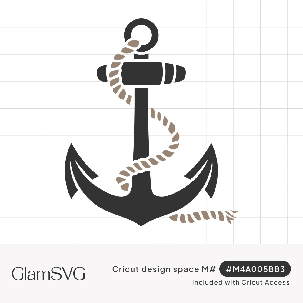 Black ship's anchor with a tan twisted rope wrapped around its shank and draped over one arm