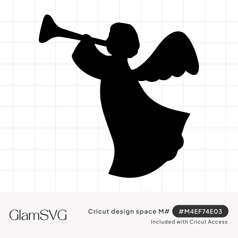Black silhouette of an angel with wings and a flowing robe blowing a long trumpet