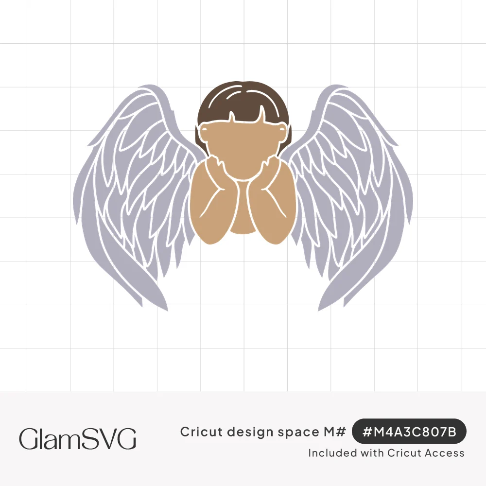 Baby cherub with dark hair resting its chin on its hands between large layered lavender gray feathered wings