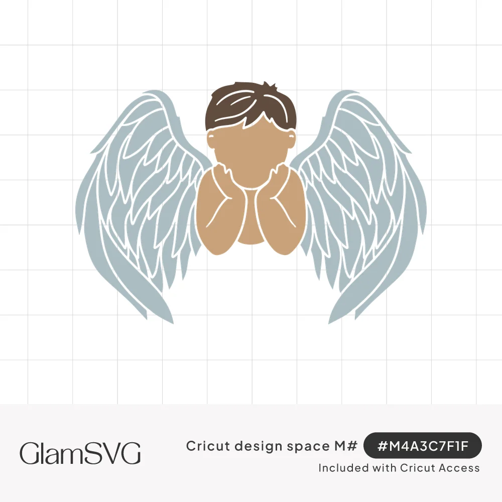 Faceless little boy with brown hair resting his chin on his hands, framed by large pale gray-blue feathered angel wings