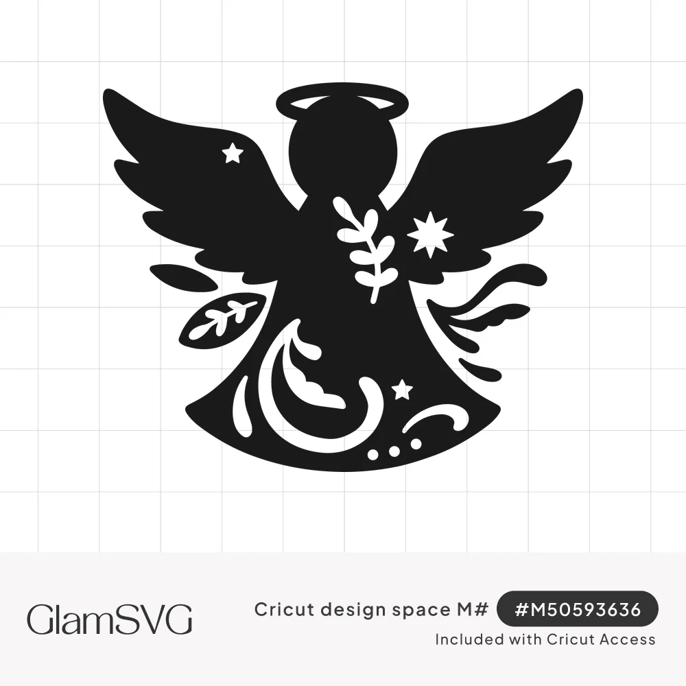 Black silhouette of an angel with halo and wings, gown decorated with cutout leaves, stars and swirls