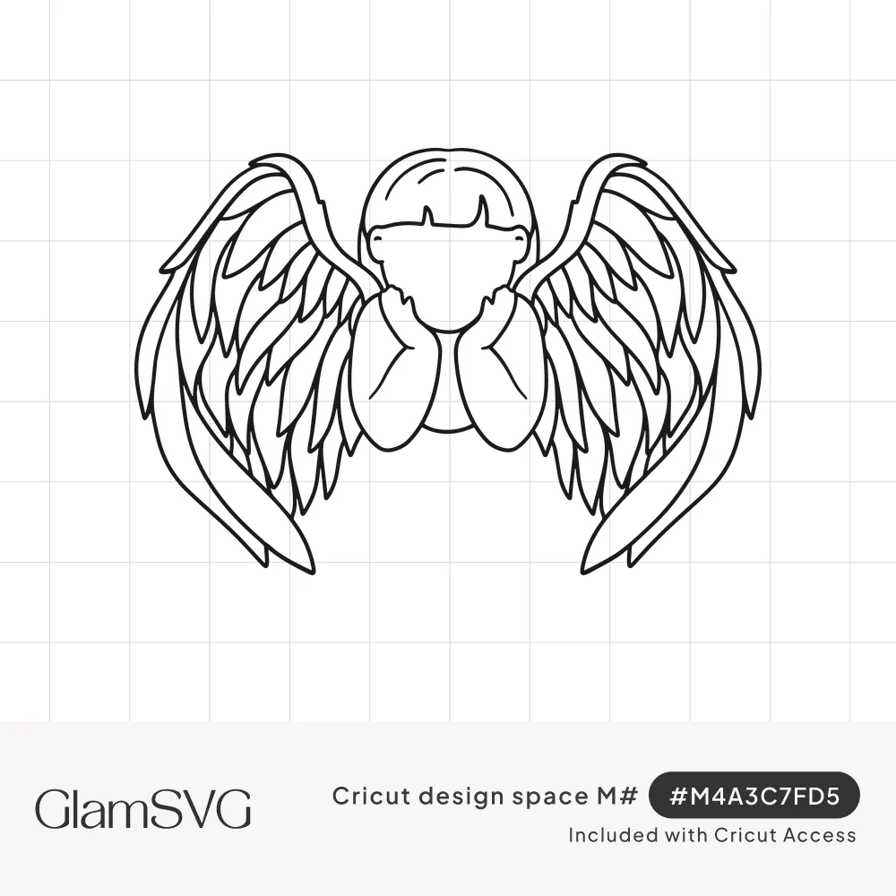 Line drawing of a faceless little cherub resting its chin in its hands between large feathered angel wings