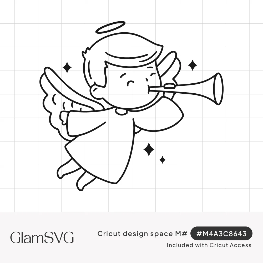 Black line drawing of a smiling cherub angel with a halo and wings blowing a trumpet, surrounded by small stars