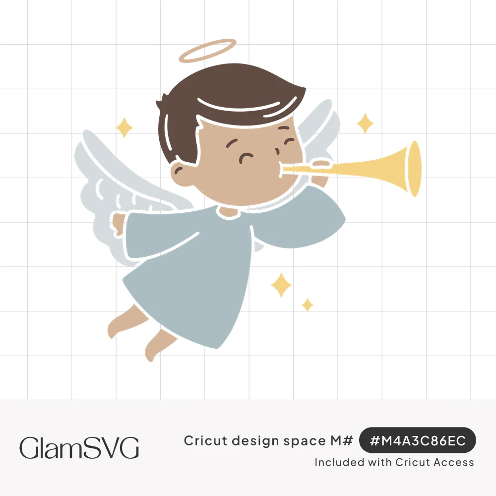 Cute cartoon angel boy with halo and white wings blowing a golden trumpet, surrounded by small yellow sparkles