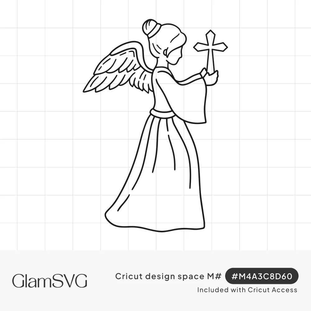 Line drawing of an angel in a long gown with feathered wings and hair in a bun, holding up a cross