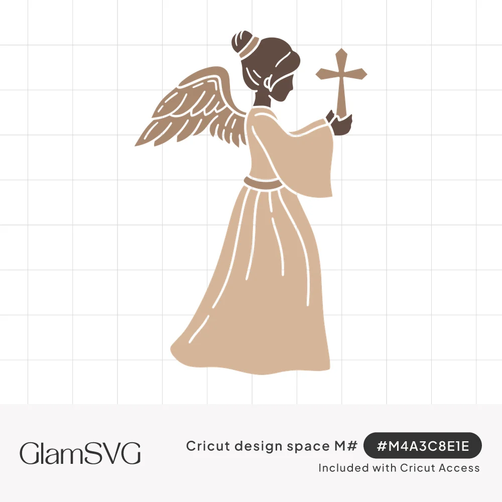 Angel in profile with feathered wings, hair in a bun and a long robe, holding up a small cross, in tan and brown