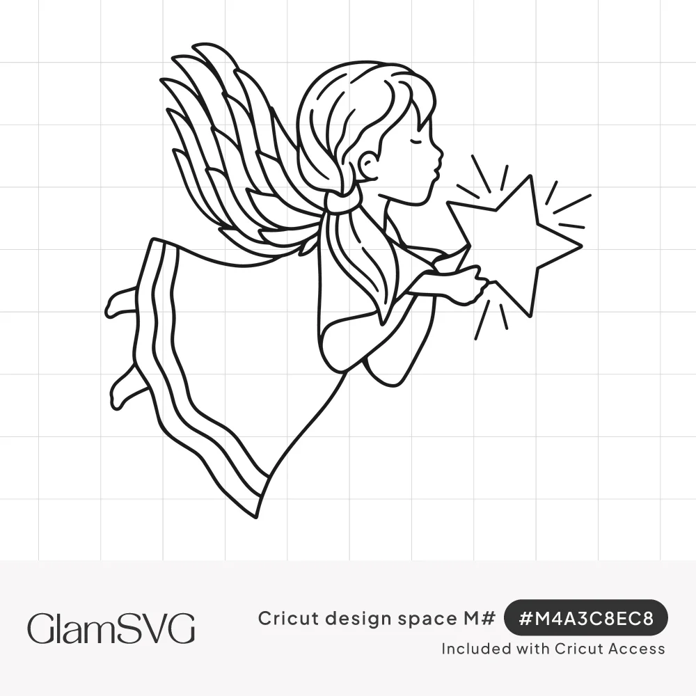 Line drawing of a flying angel girl with feathered wings and a ponytail holding a glowing star