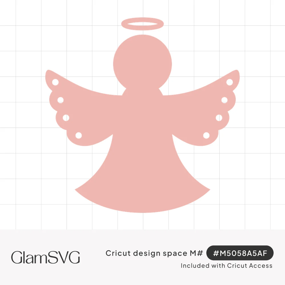 Solid pink angel silhouette with a halo, round head, bell-shaped gown and scalloped wings with small cutout dots