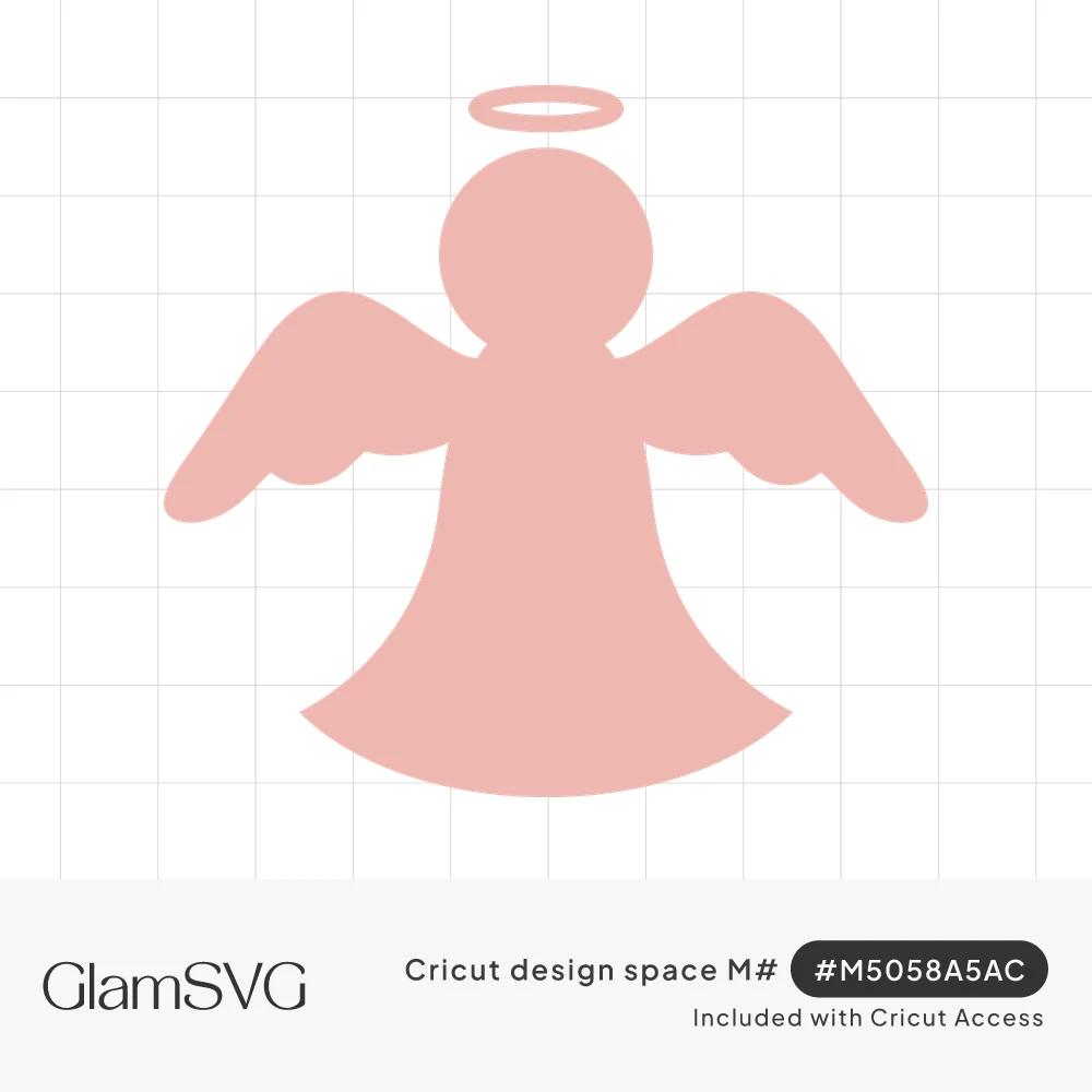 Pink solid angel silhouette with a round head, small floating halo, scalloped wings and a flared bell-shaped gown