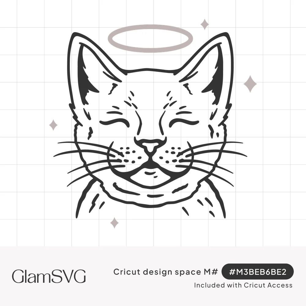 Line drawing of a smiling cat face with closed eyes, a halo above its head and small sparkles around it