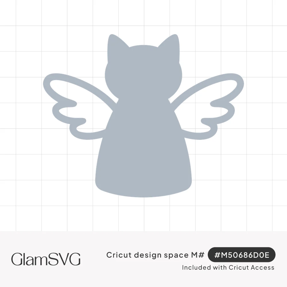 Gray silhouette of a cat with pointed ears and outlined angel wings spread out on both sides